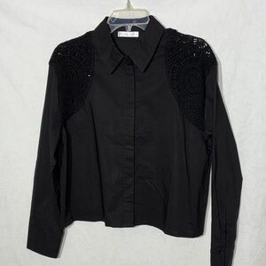 Design History Black Crochet Shoulder Button Down Shirt